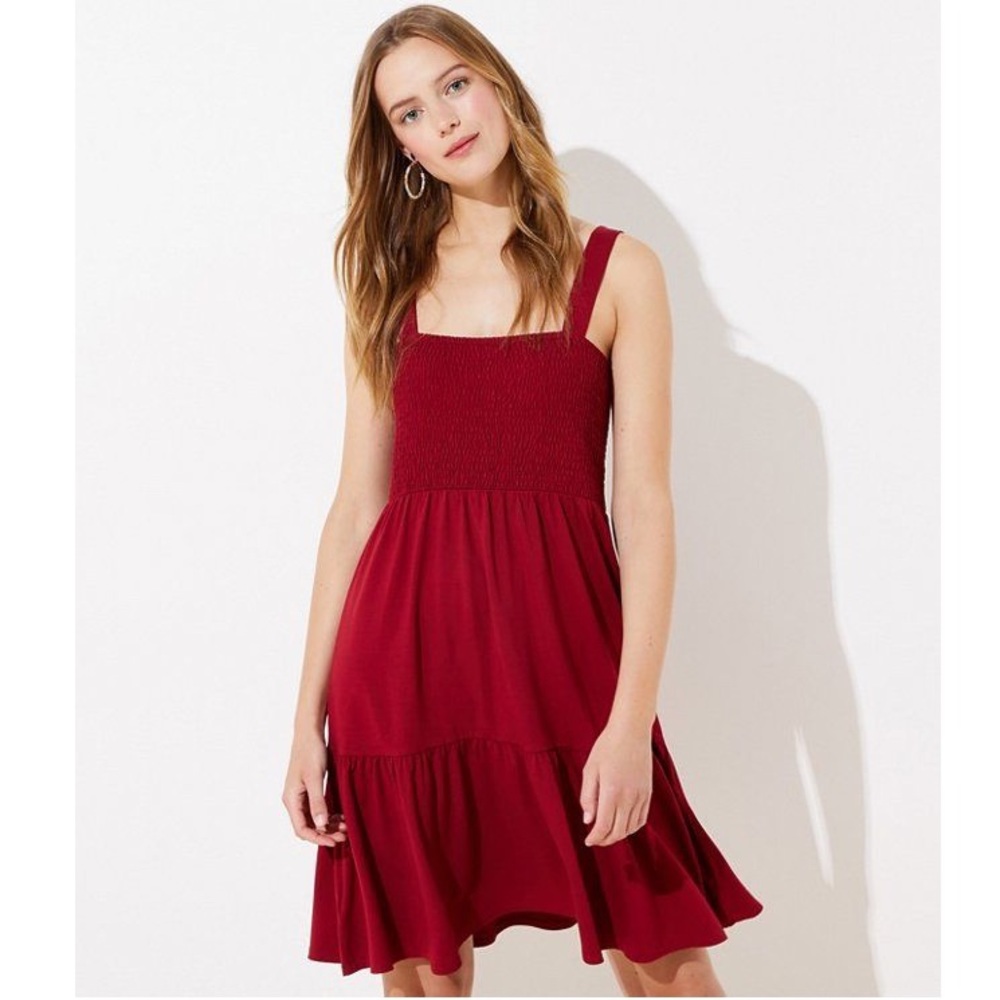 Loft Red Smocked Tiered Square Neck Dress